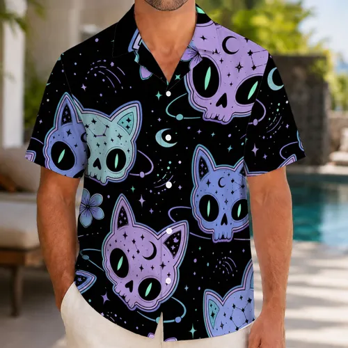 Celestial Cat Skull Moon Stars For Goth Festival Nights And Tropical Streetwear Style Hawaiian Shirt