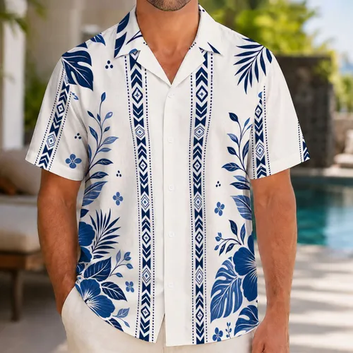 Blue White Tropical Floral Geometric Resort Outfit For Beach Travel And Summer Getaways Hawaiian Shirt