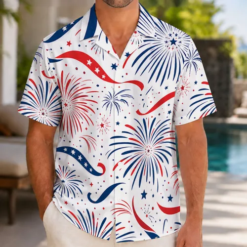 Patriotic Fireworks And Ribbon Streamers For July 4th Beach Vacation Resort Wear Hawaiian Shirt