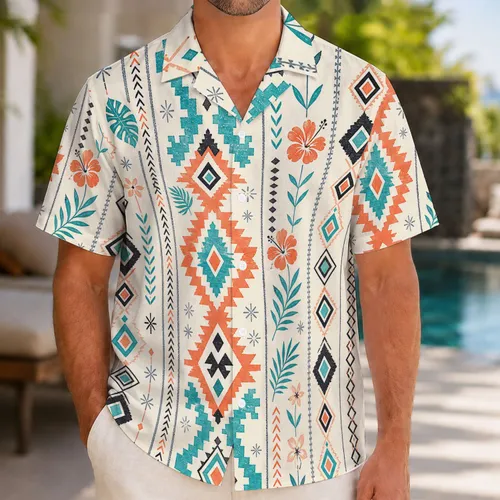 Turquoise Coral Geometric Woven Stripes For Resort Travel And Beach Getaways For Men Hawaiian Shirt