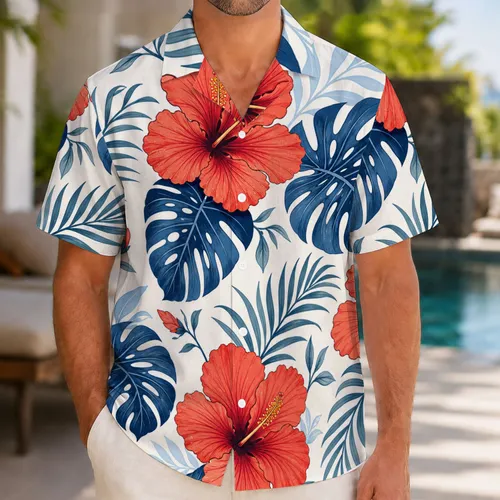 Coral Hibiscus And Navy Monstera Tropical Floral Set For Beach Resort Vacation Men Hawaiian Shirt