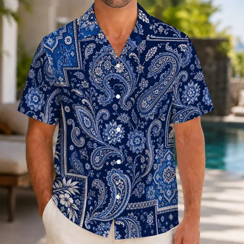 Indigo Paisley Bandana Mosaic for Beach Vacations and Resort Travel Plus Size Men Hawaiian Shirt