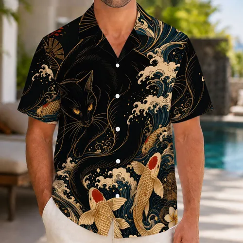 Black Cat And Koi Ocean Waves Japanese Inspired Tropical Vacation Style For Men Gift Hawaiian Shirt