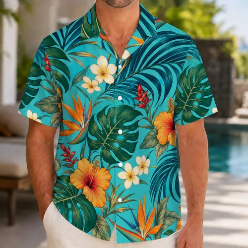 Tropical Hibiscus Monstera Palm Leaves for Beach Vacation Resort Getaways for Men Hawaiian Shirt