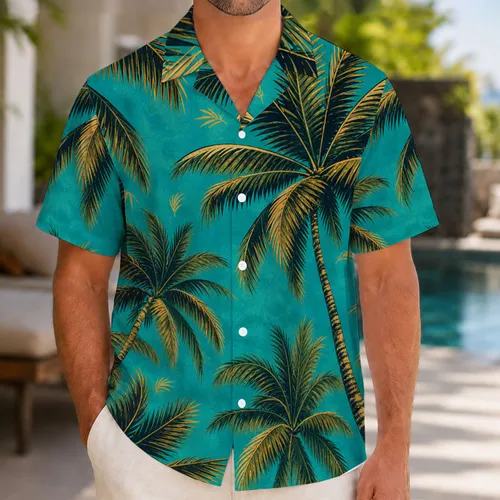 Coconut Palm Teal Island Resort Vacation Wear For Men Plus Size Beach Travel Style Hawaiian Shirt