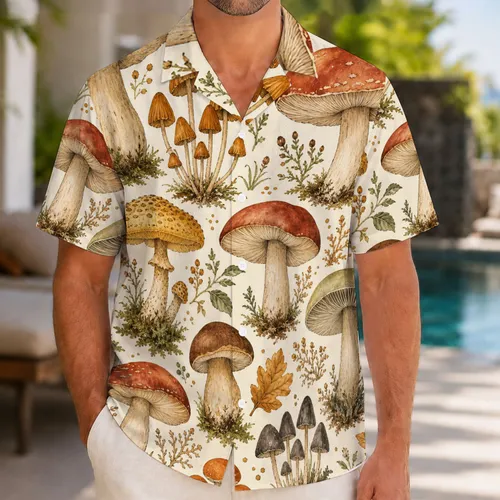 Vintage Watercolor Wild Mushrooms For Tropical Vacation Beachwear Men's Plus Size Hawaiian Shirt