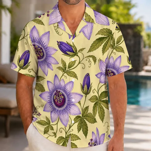 Purple Passionflower Botanical Florals For Tropical Vacation Resort Wear For Men Hawaiian Shirt