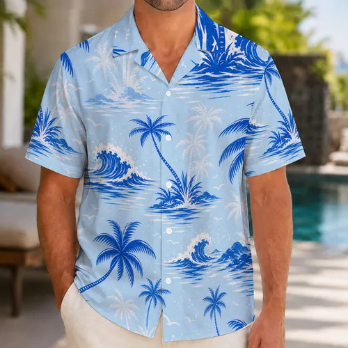 Cobalt Palm Trees And Ocean Waves For Summer Beach Vacations And Coastal Resort Wear Hawaiian Shirt