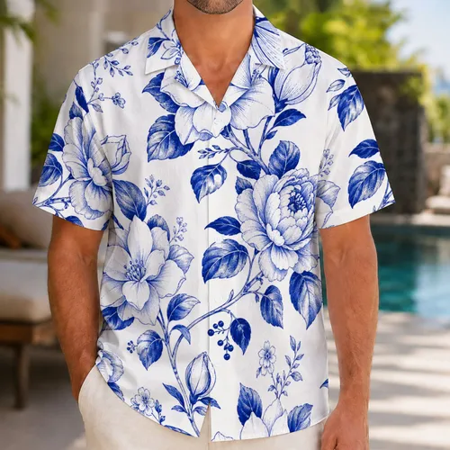 Cobalt Gardenia And Peony Botanical Motifs For Coastal Resort Travel And Vacation Style Hawaiian Shirt