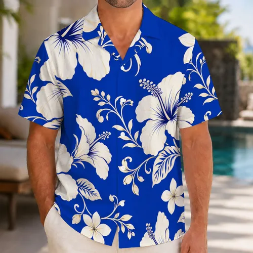 Ivory Hibiscus And Plumeria Florals On Cobalt Blue For Beach Vacation Resort Wear Men Hawaiian Shirt