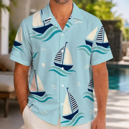 Vintage Sailboat Ocean Waves Coastal Resort Cruise Beach Vacation Travel Outfit For Men Hawaiian Shirt