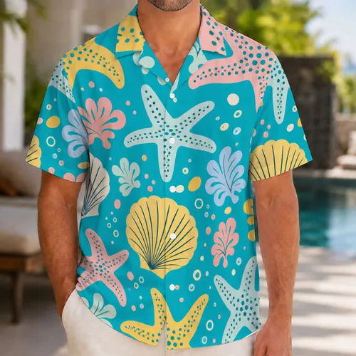 Tropical Starfish And Scallop Shell Lagoon Motif For Beach Vacation Resort Wear Men Hawaiian Shirt