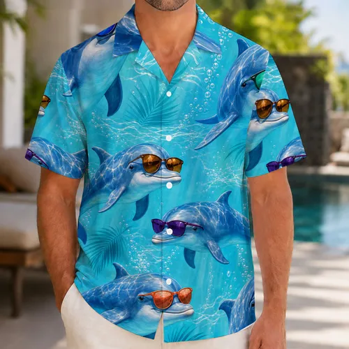 Colorful Dolphins With Sunglasses In Aqua Ocean For Beach Vacation Resort Style Men Hawaiian Shirt