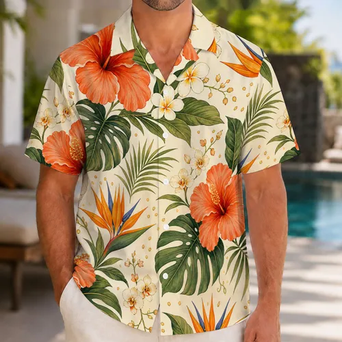 Coral Hibiscus Monstera Botanical Garden for Tropical Vacations and Resort Getaways Hawaiian Shirt