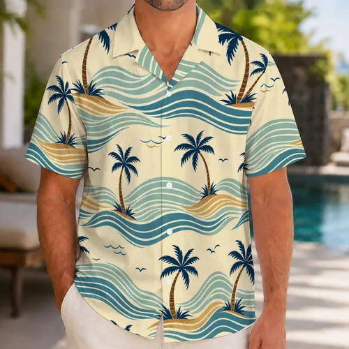 Vintage Tropical Palm Waves For Beach Vacations, Coastal Travel And Island Getaways Hawaiian Shirt