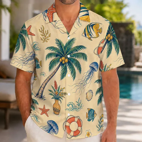 Coastal Palm Jellyfish And Reef Fish Tropical Beach Vacation Resort Wear For Men Hawaiian Shirt