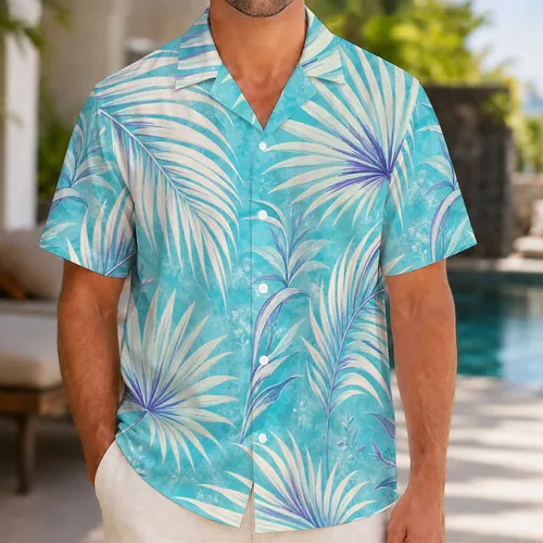 Aqua Palm Fronds And Fan Leaves For Beach Vacations And Coastal Resort Wear For Men Hawaiian Shirt