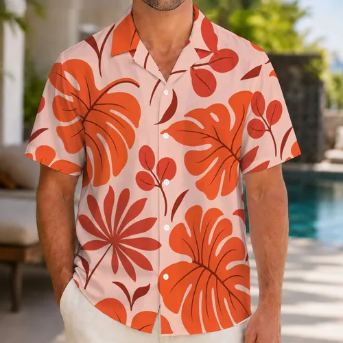 Coral Tropical Split Leaf Botanical Resort Vacation Casual Wear for Men in Plus Sizes Hawaiian Shirt