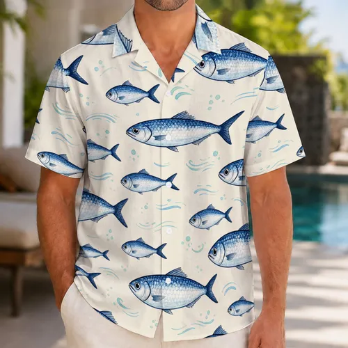 Silver Blue Baitfish School For Coastal Vacation Wear And Nautical Resort Style Men's Hawaiian Shirt