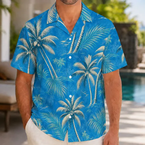 Blue Coconut Palm Motif For Beach Vacations And Tropical Resort Getaways For Men Hawaiian Shirt