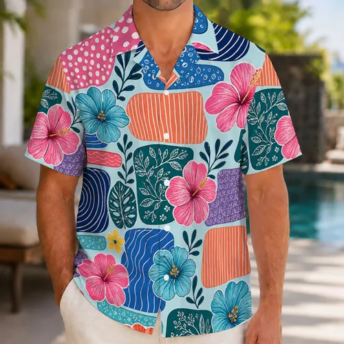 Tropical Floral Patchwork Resort Style For Beach Vacations And Summer Travel Wear Hawaiian Shirt
