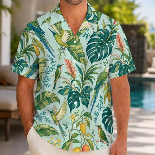 Tropical Birds Banana Leaves Mango Blossoms for Beach Vacation Resort Travel Style Hawaiian Shirt