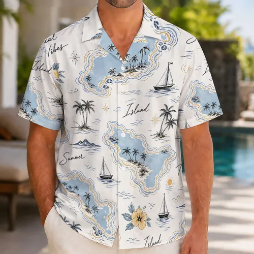 Tropical Island Maps, Palms And Sailboats For Summer Resort Travel And Beach Vacations Hawaiian Shirt