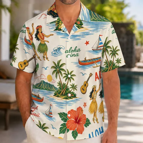 Vintage Aloha Hula Dancers Hibiscus Island Motifs for Beach Travel and Luau Lovers Hawaiian Shirt