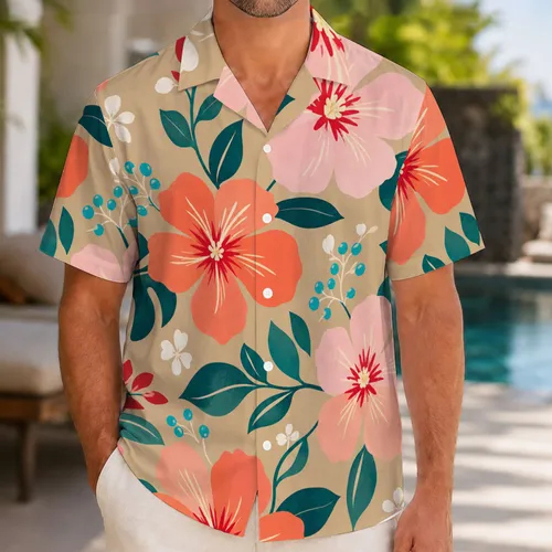 Coral Tropical Flowers And Teal Leaves For Summer Beach Vacation Resort Wear Men Hawaiian Shirt