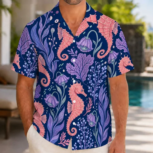 Coral Pink Seahorses And Indigo Sea Botanicals For Beach Travel And Resort Wear Hawaiian Shirt