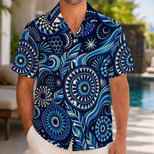 Oceanic Geometric Medallions and Wave Ribbons for Beach Travel and Retro Surf Style Hawaiian Shirt