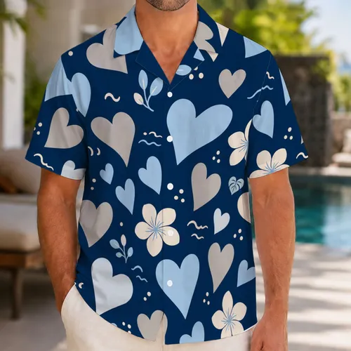 Blue Heart And Plumeria Coastal Vacation Resort Wear For Men Beach Travel Outfits Hawaiian Shirt