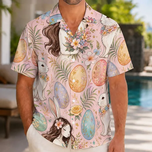 Easter Rabbits With Floral Eggs For Spring Brunch Garden Party Casual Outfits Men Hawaiian Shirt
