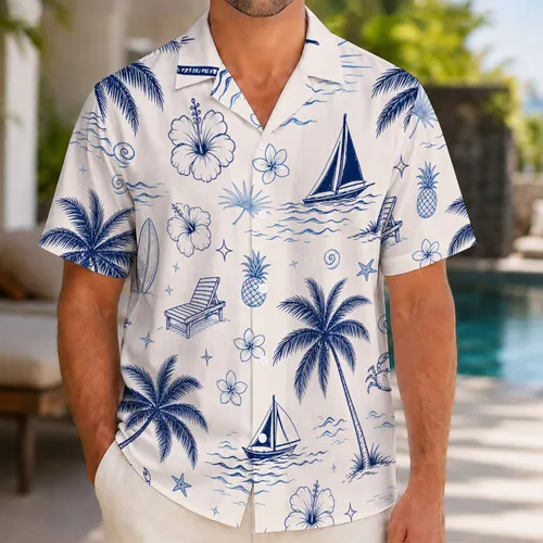 Navy Coconut Palms, Sailboats And Hibiscus For Island Resort Travel Style For Men Hawaiian Shirt