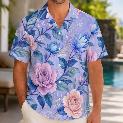 Lavender Rose And Blue Water Lily Botanical Tropical Getaway Vacation Button Down For Men Hawaiian Shirt