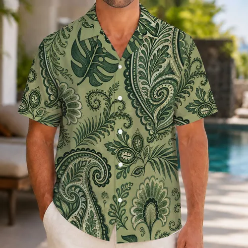 Sage Green Tropical Paisley Fern Motifs For Resort Travel And Casual Men's Wear Style Hawaiian Shirt