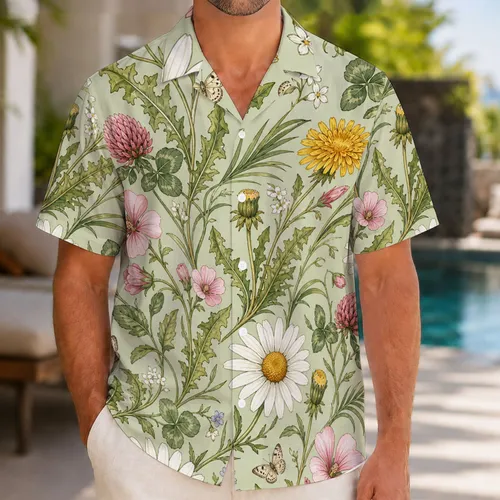 Daisy Clover Wildflower Botanical Button Up for Summer Beach Vacation Travel Men Hawaiian Shirt