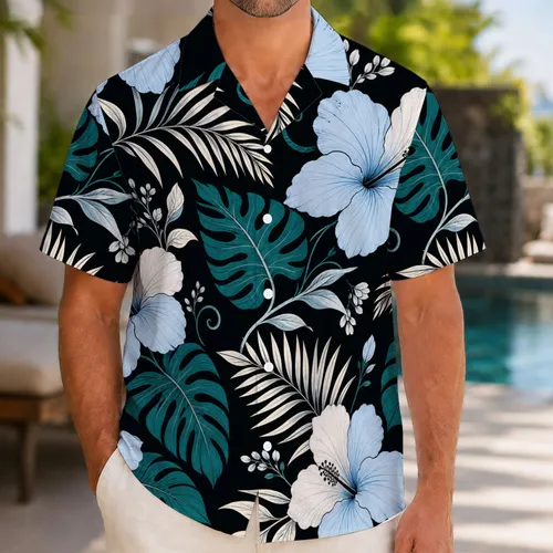 Blue Hibiscus And Teal Palm Botanicals For Tropical Resort Vacation Style For Men Hawaiian Shirt