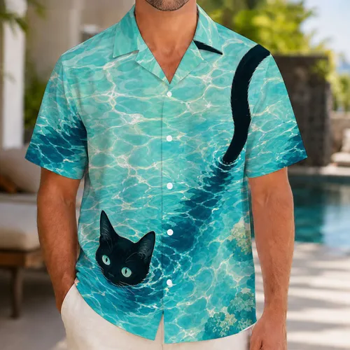 Black Cat Swimming In Turquoise Lagoon For Summer Beach Vacation Travel Enthusiasts Hawaiian Shirt