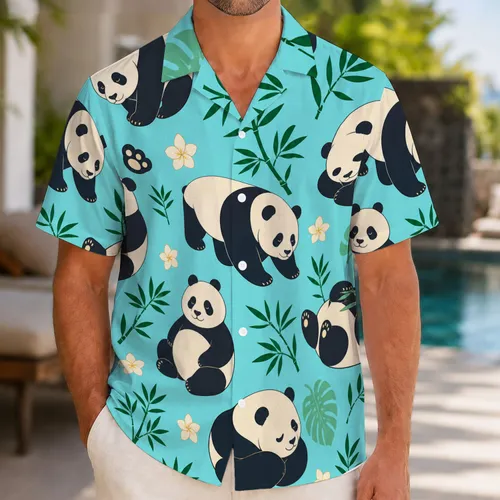 Cute Panda Bamboo Tropical Resort Vacation Wear for Men With Relaxed Island Style Hawaiian Shirt