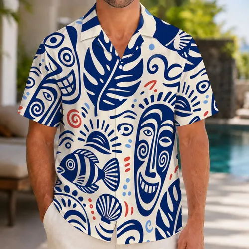 Mid-Century Tropical Mask Fish And Wave Motifs For Retro Resort Vacation Outfits Hawaiian Shirt