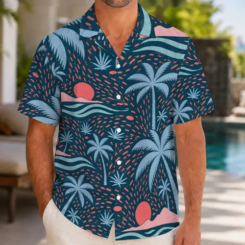 Tropical Palm And Island Motifs For Beach Vacations And Resort Travel For Men Hawaiian Shirt