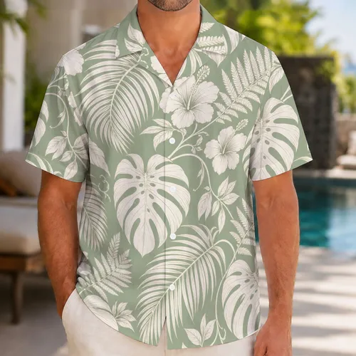 Ivory Monstera Palm And Hibiscus Motifs For Tropical Beach Getaways And Resort Wear Hawaiian Shirt