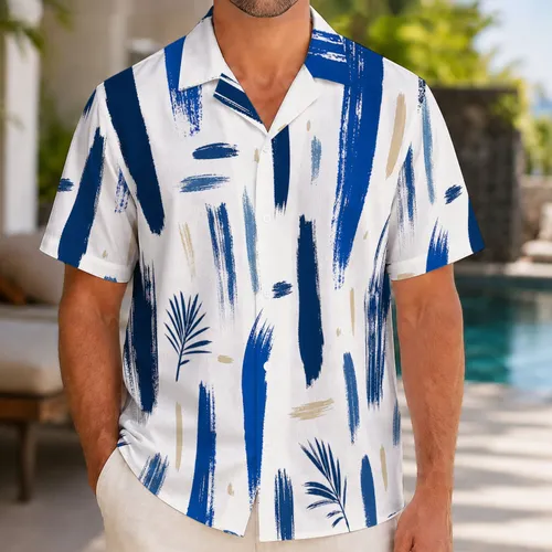 Indigo Blue Brushstroke Coastal Motif For Beach Resort Travel And Vacation Style Men Hawaiian Shirt