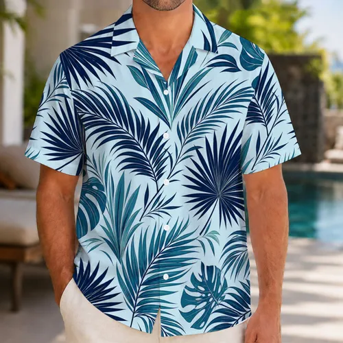 Navy Teal Tropical Palm Leaves For Beach Resort Vacation Island Travel Style Men Hawaiian Shirt