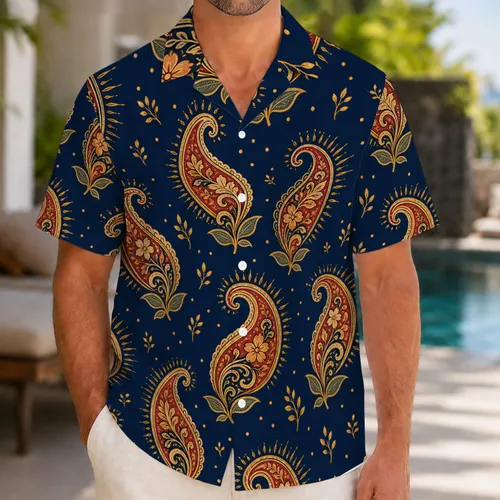 Midnight Navy Gold Paisley Resort Style For Tropical Vacations And Beach Parties Men Hawaiian Shirt