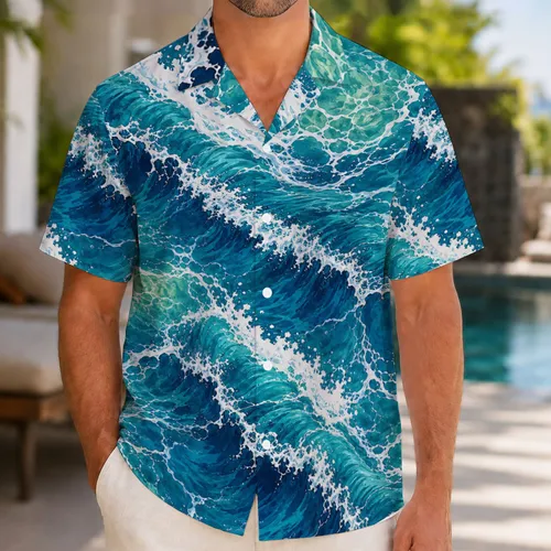 Turquoise Ocean Wave Foam For Beach Vacation Resort Wear And Coastal Travel Style Hawaiian Shirt