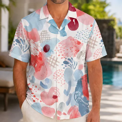 Abstract Coral Red And Blue Tropical Spots For Resort Travel And Beach Vacation Wear Hawaiian Shirt