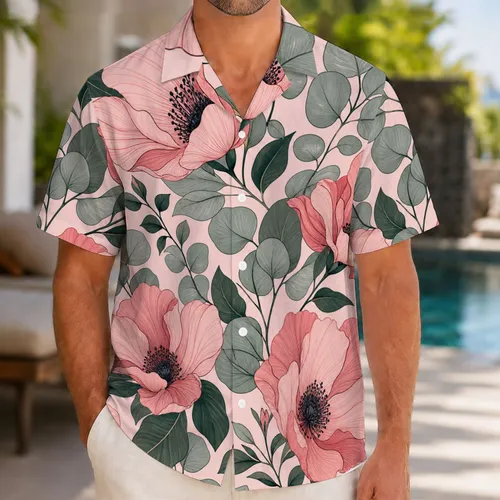 Blush Pink Tropical Flowers And Eucalyptus Leaves For Resort Parties And Beach Travel Hawaiian Shirt