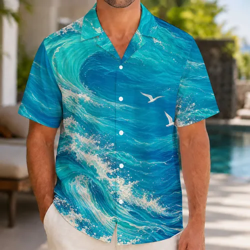 Ocean Wave Seagull Oil Painting for Beach Vacation Cruise And Coastal Resort Wear Hawaiian Shirt